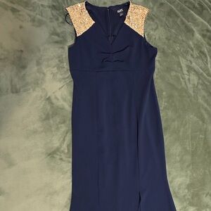Elegant Navy Blue Dress with Gold Accents